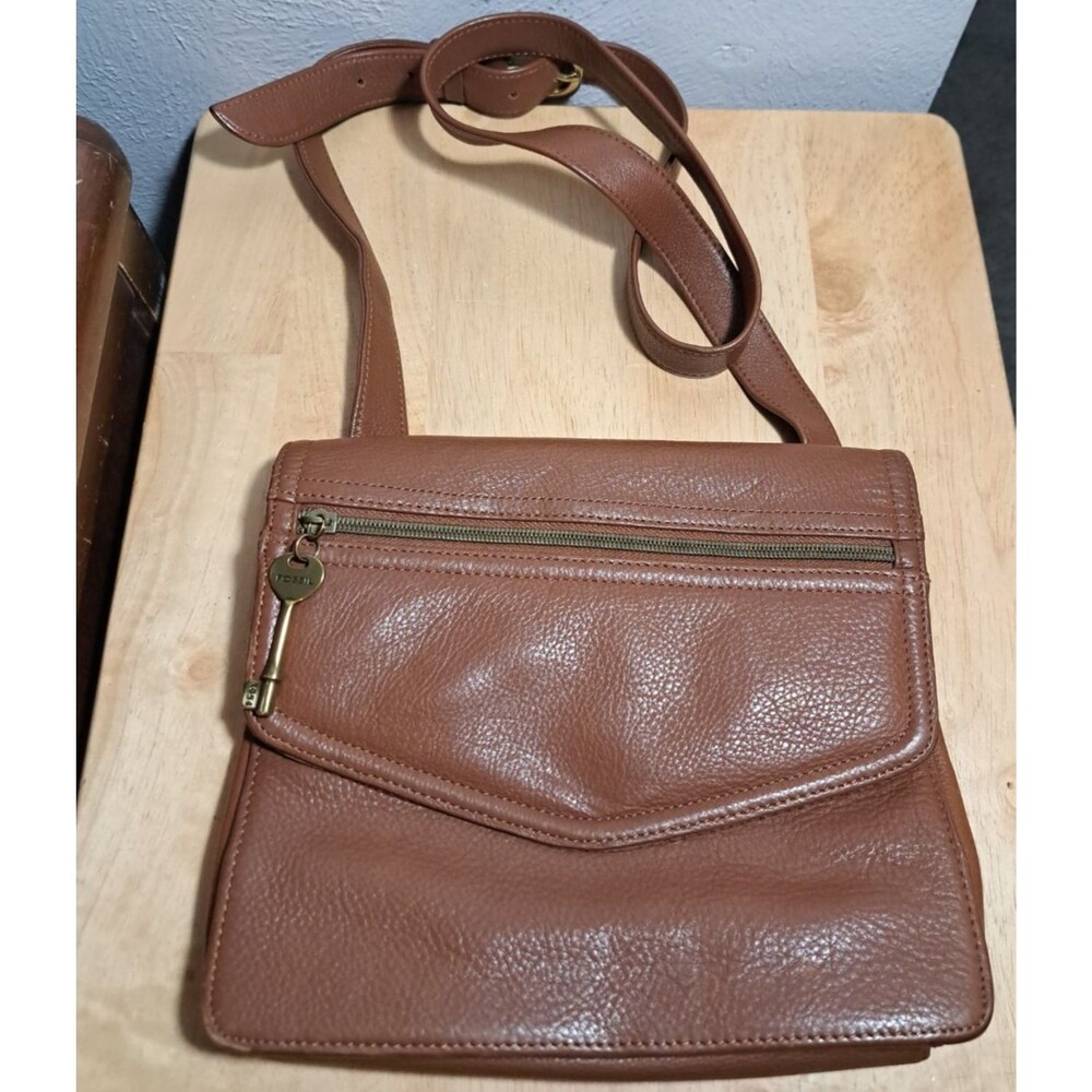 Vintage Fossil Genuine Leather Crossbody Purse Brown Multi Pocket Bag 75082